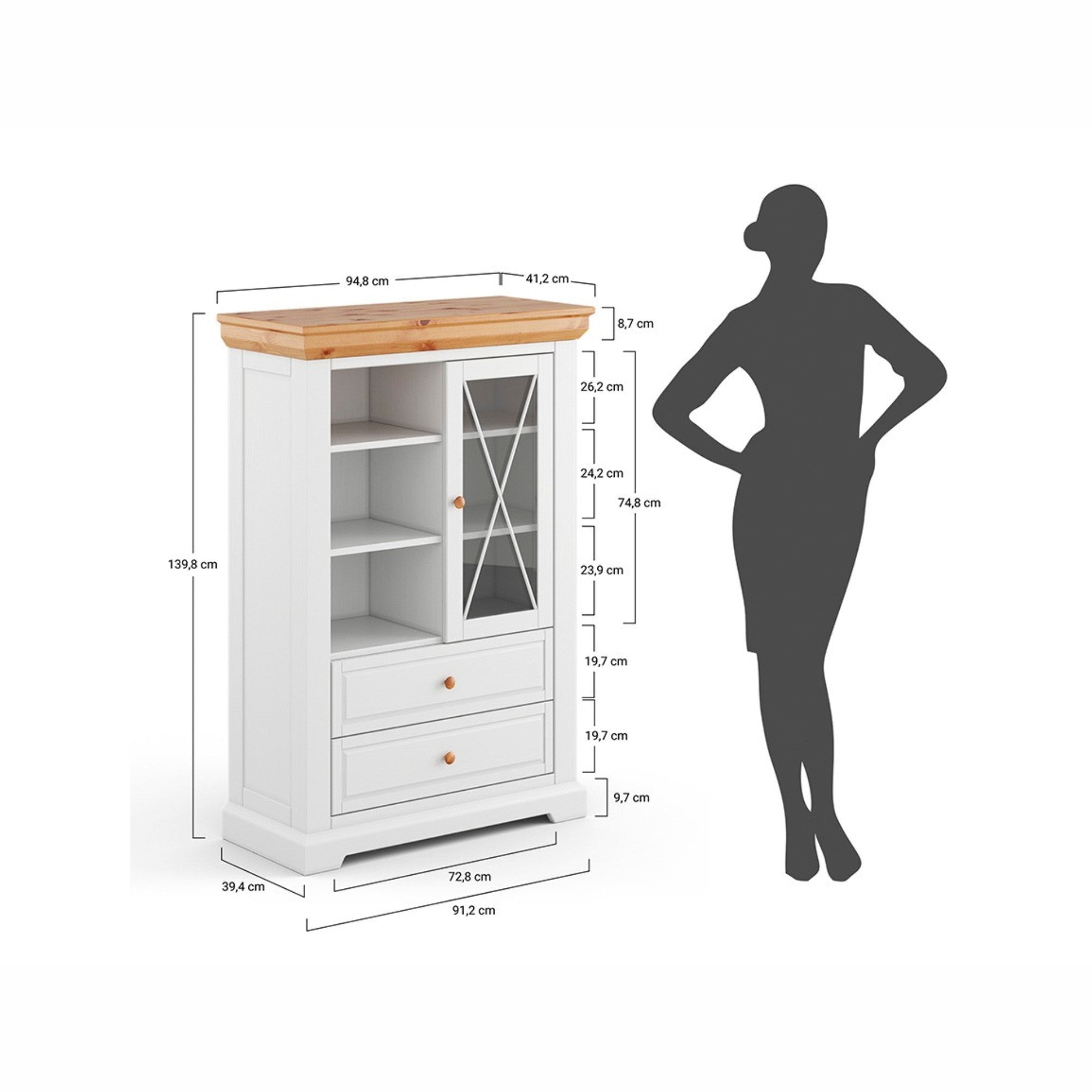 Vitrine Marone 41,2x139,8 cm, Material: Massives Kiefernholz
