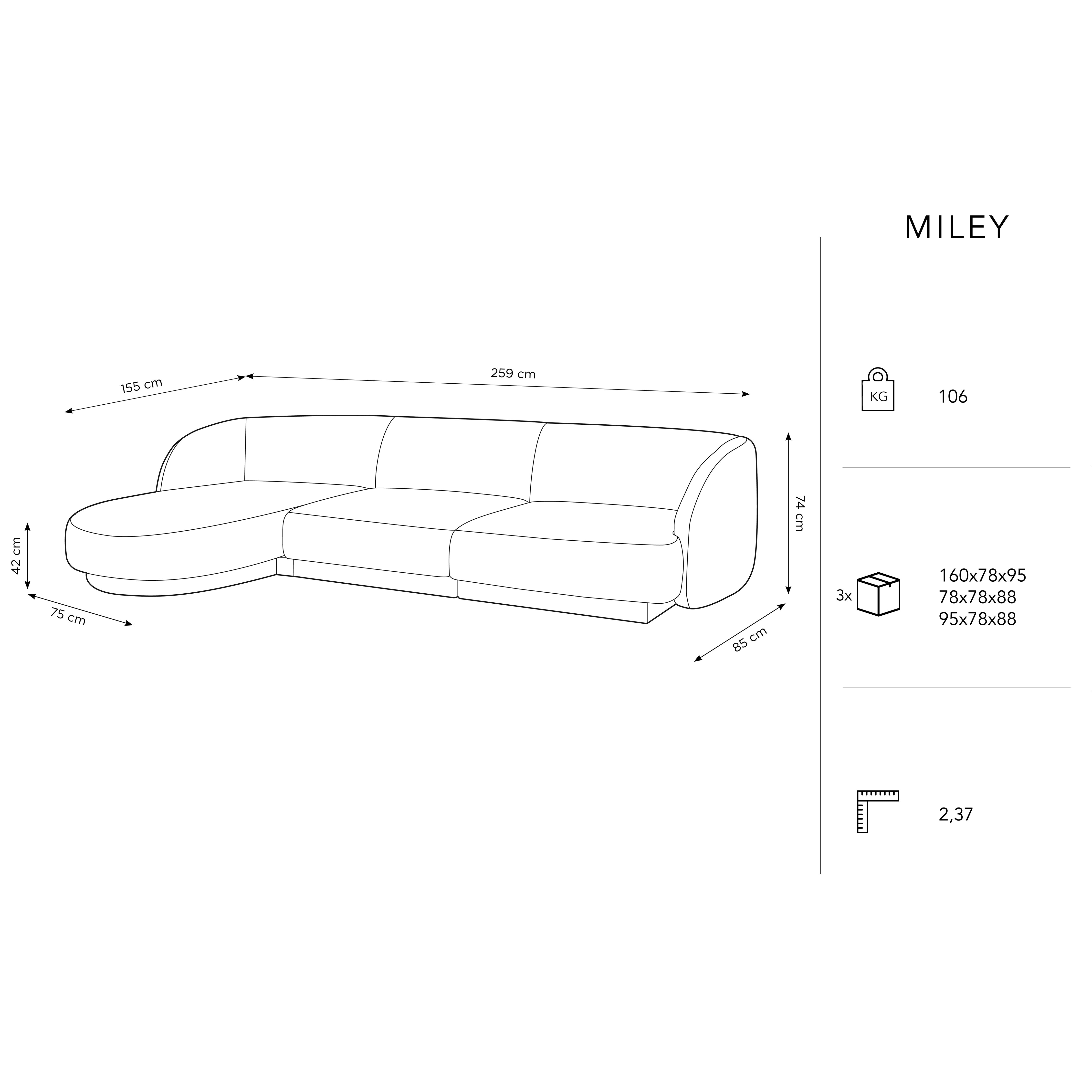 Ecksofa Miley abgerundet 255x156cm, Material: Samt