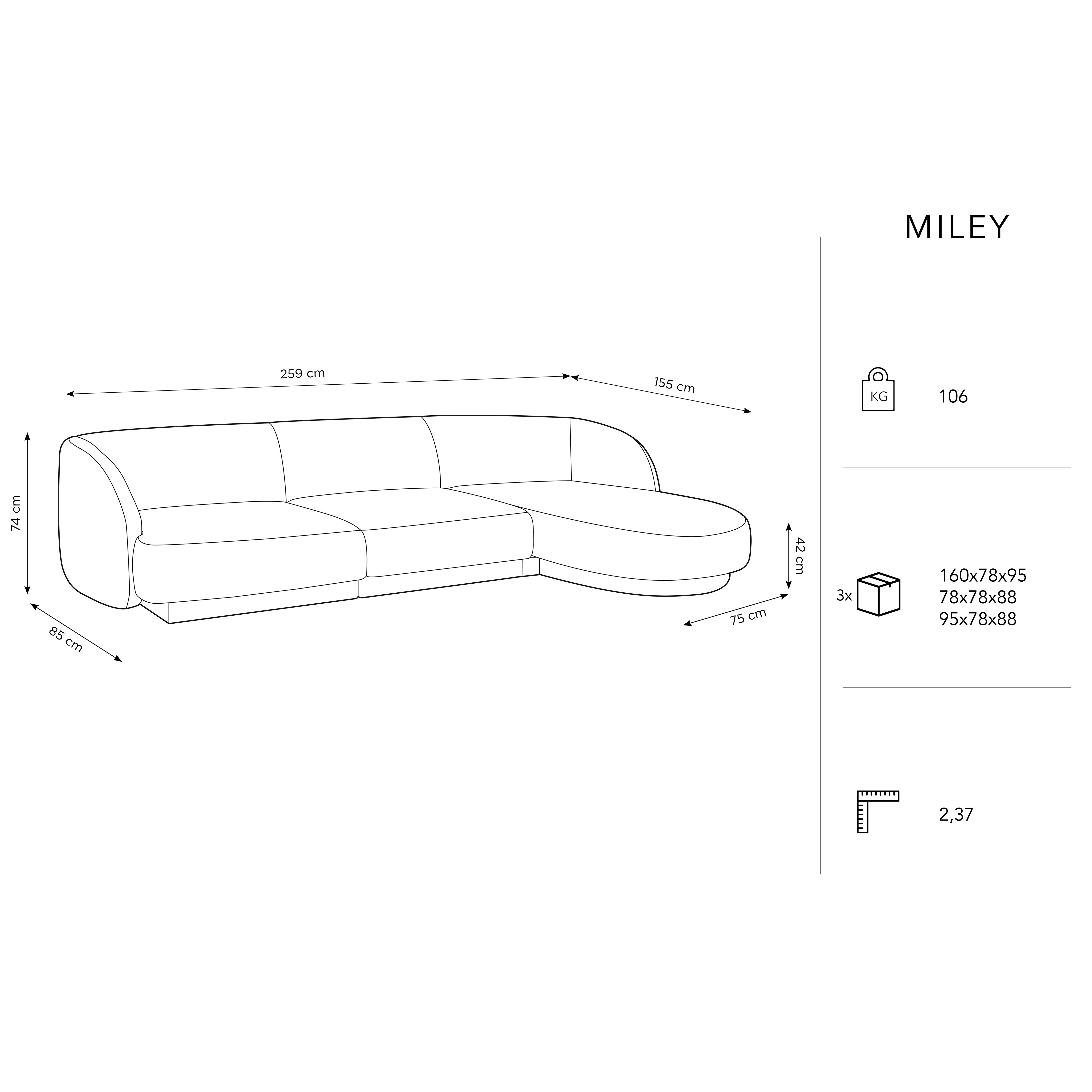 Ecksofa Miley abgerundet 255x156cm, Material: Samt
