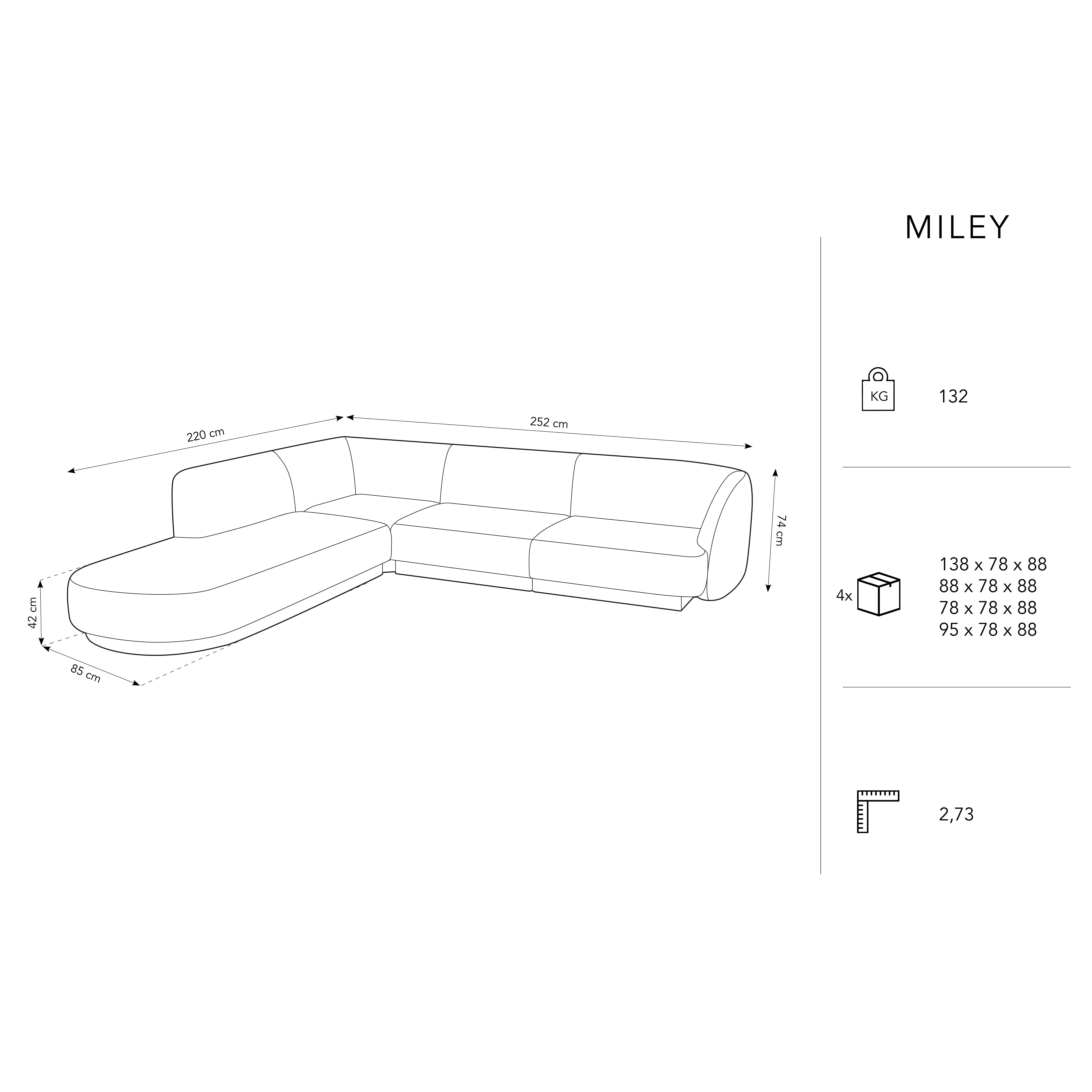 Ecksofa Miley 255x248cm, Material: Samt