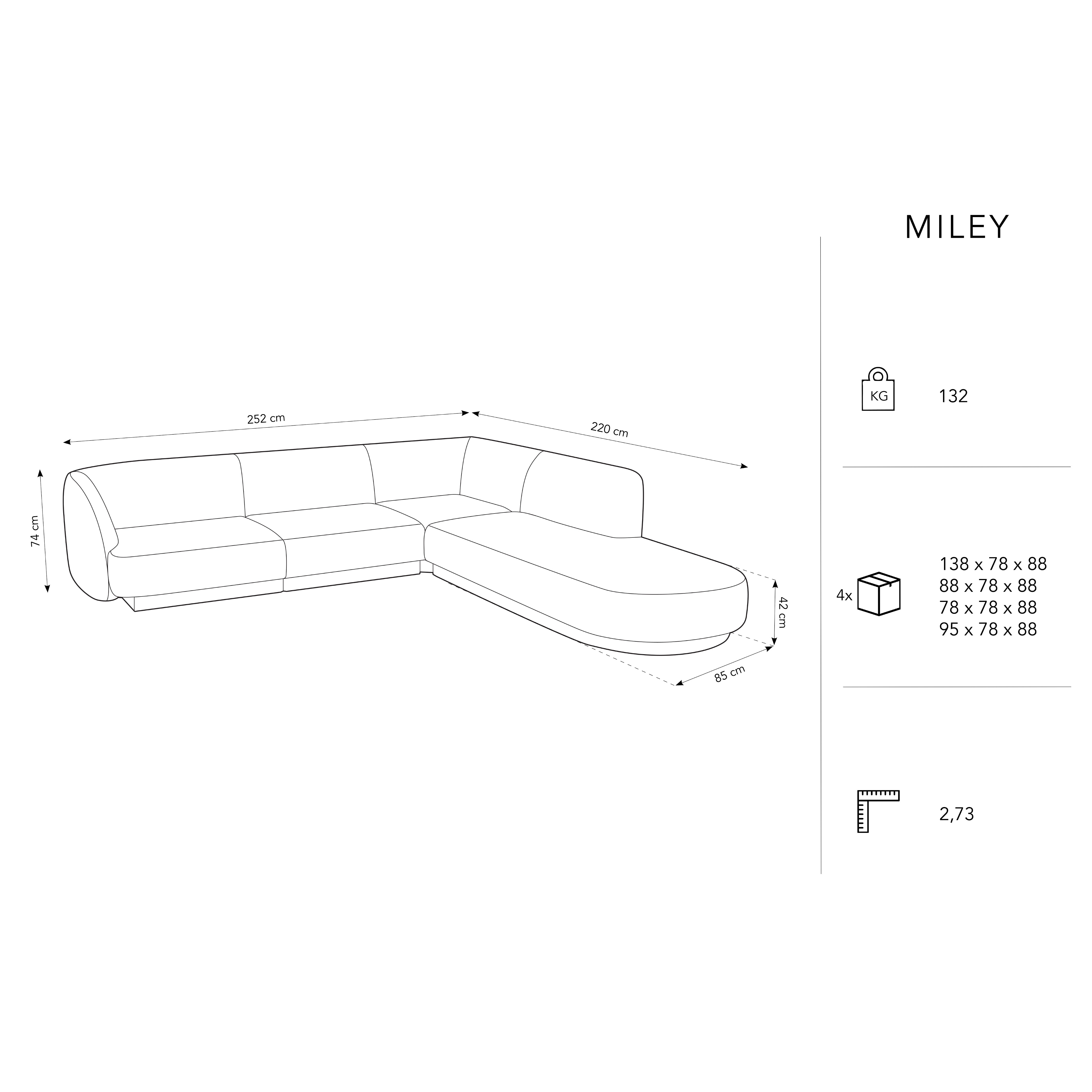 Ecksofa Miley 255x248cm, Material: Samt