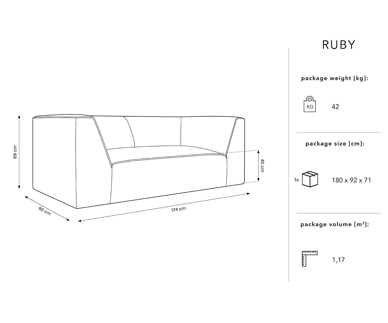 Sofa Ruby 2 Sitzer, 174x93cm, Material: Cord