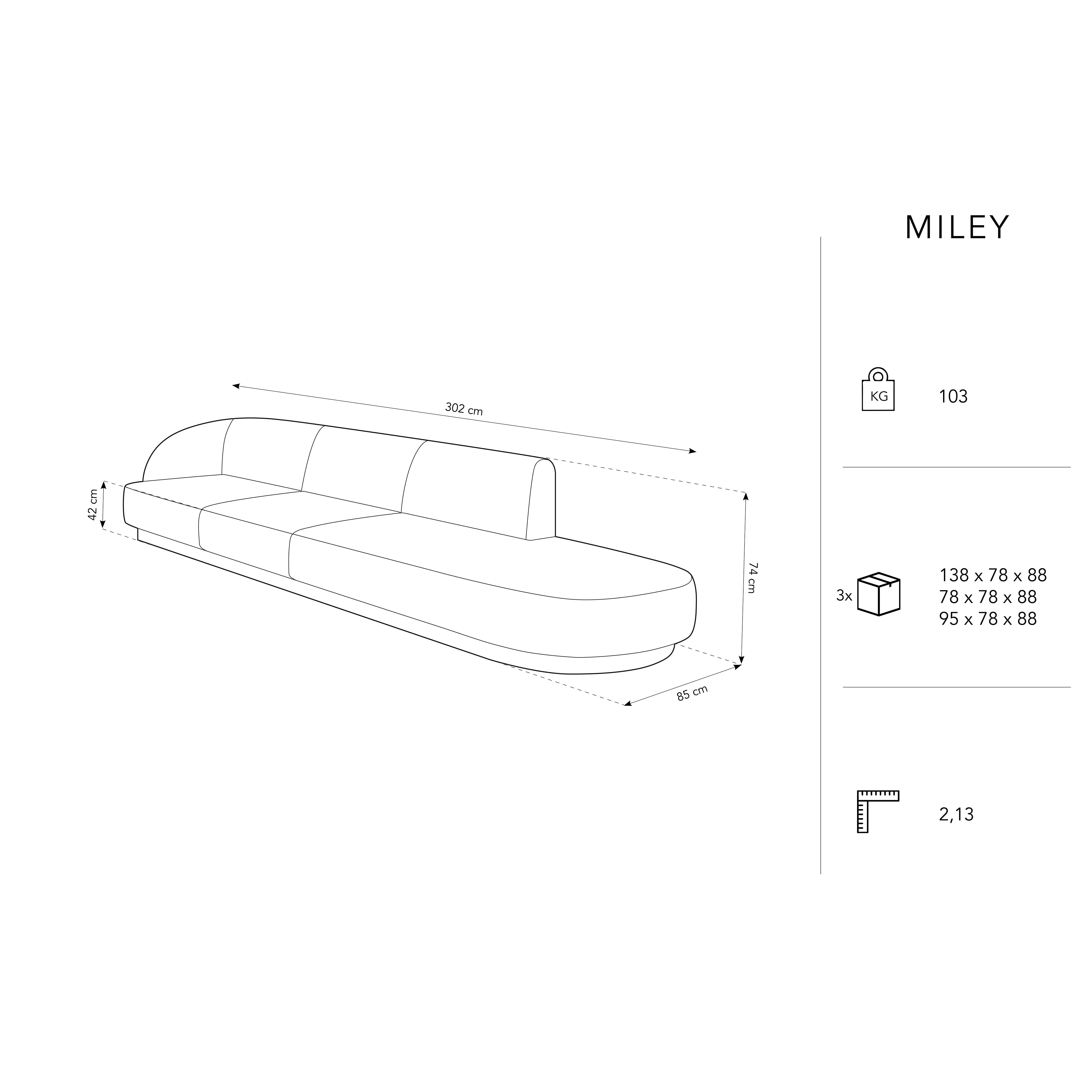 Sofa Miley 323x90cm, Material: Samt