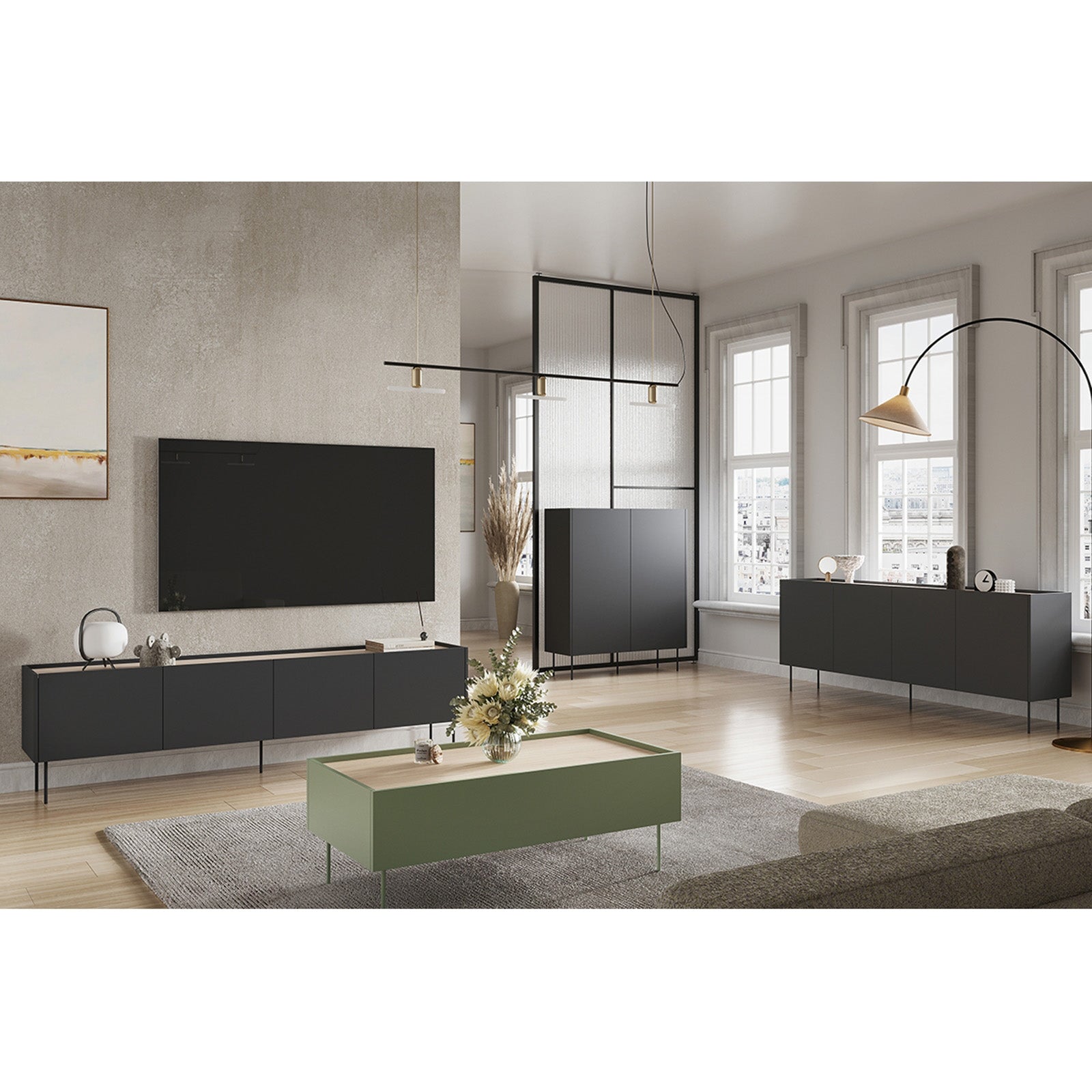 TV Kommode Desin 220cm, 4 Türen und 1 Schublade, Material: MDF 